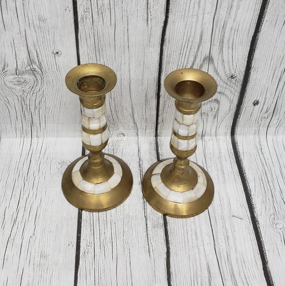 Vintage Brass, Mother of Pearl Inlay Candle Holders for Candlesticks, Set of 2 - Picture 2 of 7